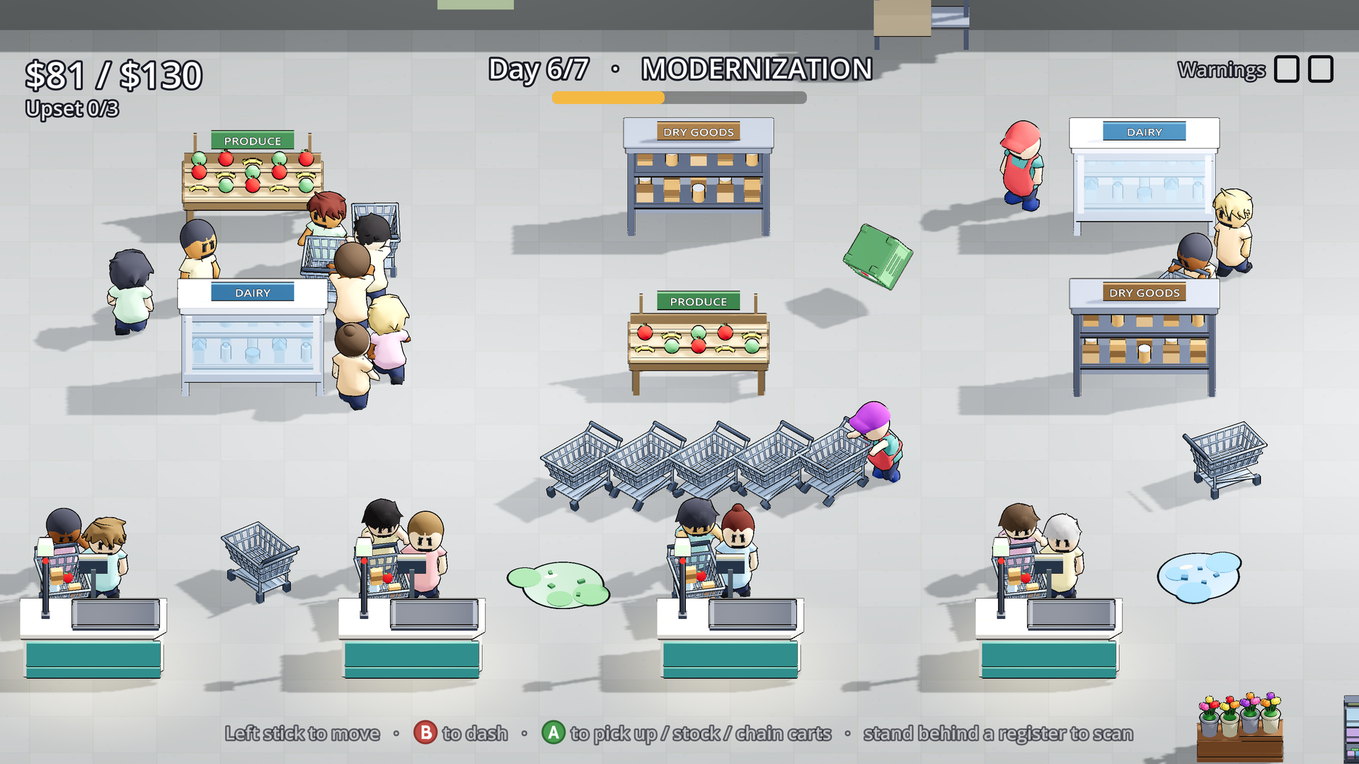 A packed ValuCo Megamart in two-player co-op: one player hauls a five-cart train while the other throws a crate across the store